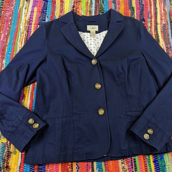 Vintage L.L.Bean Women's Navy Blue Button Front Long Sleeve Cotton Jacket Blazer Lined Pockets Philippines Size 20 Reg (Large)