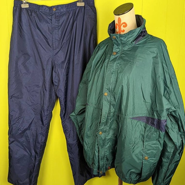 Vintage Sunice Men's 2Pcs Nylon PU Coated Tracksuit Full Zip Windbreaker & Zipped Hem Pants Lined Golf Running Green Blue Thailand Size 3XL