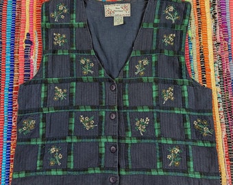 Vintage New Directions Women's Blue Green Plaid Textured Cotton Retro Country Vest With Embroidered Flowers Made in India Size M