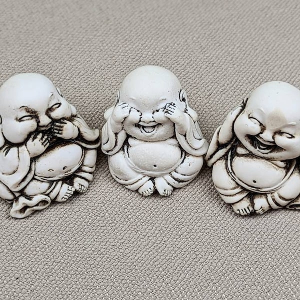Vintage 3 Wise Monks Small Figurine Statues Speak Hear See No Evil Buddha Ceramic  Composite 3-pcs Figurines Set Collectable Decor Religion