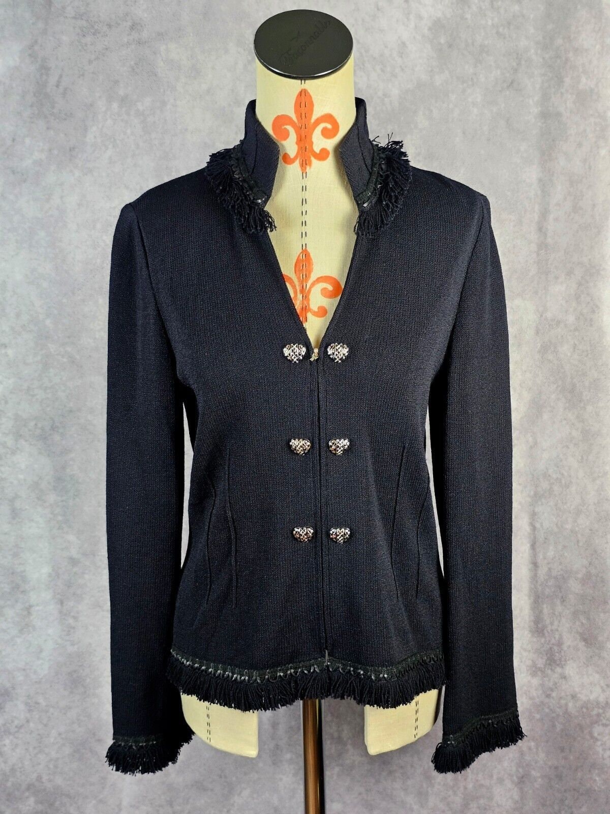 Vintage 80s St. John Collection Mary Gray Black Fringe Leather