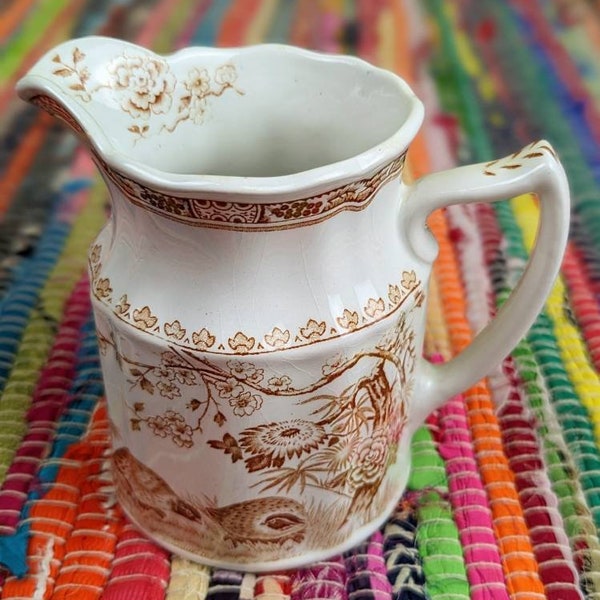 Vintage Furnivals Porcelain Quail Brown White Small Pitcher Creamer 1913 Stamped Made In England Crackled