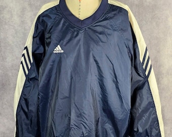 Vintage 2000s Y2K Adidas Mens Blue & White Nylon Windbreaker Jacket Lined V-Neck Pockets Size Large