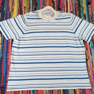 May include: A white and blue striped turtleneck shirt with the Pendleton brand label on the front.