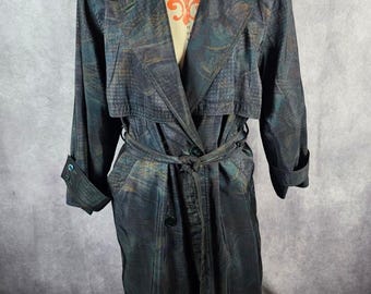 Vintage 80s Forecaster Of Boston Women&#39;s Size Petite 7/8 Black Green Double Breasted Belted Trench Coat Lightweight Removable Wool Lining
