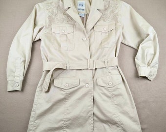 Vintage Embroidered Trench Coat, Belted Beige Jacket, Size M