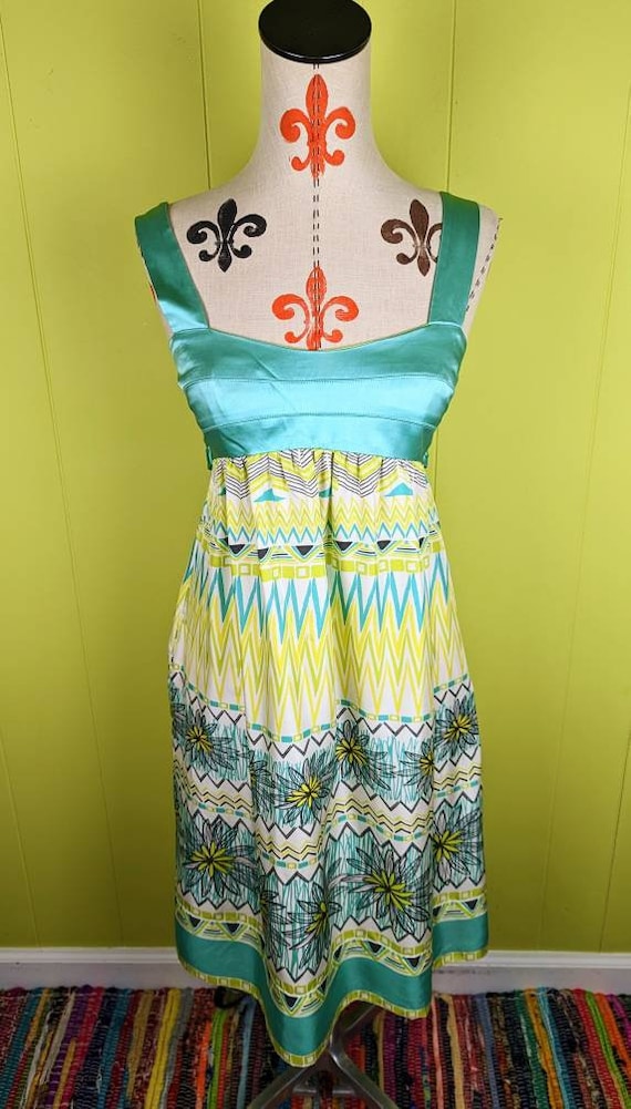 Vintage Donna Morgan 100% Silk Women's Sundress Aqua Teal Yellow Multicolor Floral Tied Waist Wide Straps Side Zip Side Pockets