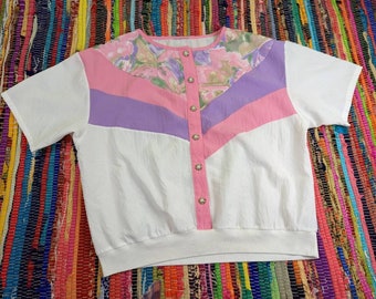 Vintage 80s Pastel Floral Blouse, Jeweled Button Top (Size M-L)