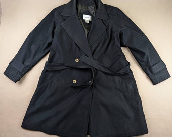 Jaqueline Ferrar Women&#39;s Double Breasted Belted Lined Black Trench Coat Mid Length Big Front And Back Buttons Size Medium Vintage