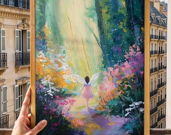 Digital fairy artwork, vibrant forest scene, fantasy art print, colorful flowers, woodland fairy illustration, digital download home decor