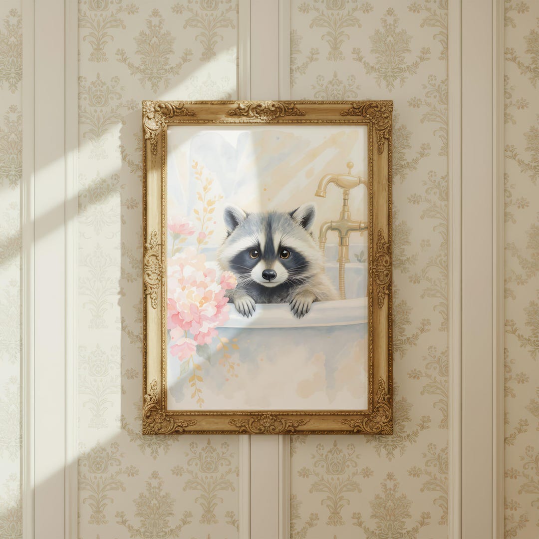 Bathroom Wall Art, Raccoon Digital Print, Watercolor Animal in Bathtub ...