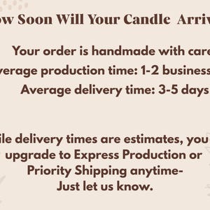 Handmade Candle Arrival Time Details, Fast Production Shipping Options, Average Delivery Times, Handmade with Care, Express Production