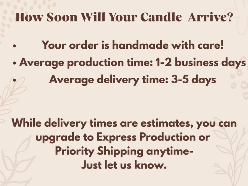Handmade Candle Arrival Time Details, Fast Production Shipping Options, Average Delivery Times, Handmade with Care, Express Production