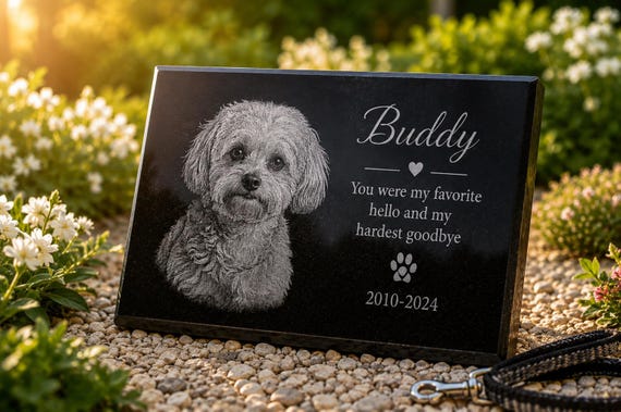 Personalized Pet Memorial Stone with Photo, Custom Engraved Black Granite Dog or Cat Grave Marker, Pet Loss Memorial Plaque