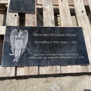 Custom Engraved Memorial Stone with Angel – Personalized Black Granite Grave Marker, Name & Dates – Human Remembrance Gift