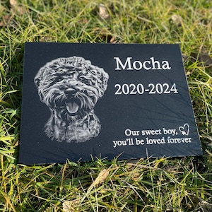 May include: A black rectangular memorial plaque with a detailed engraved image of a dog's face. The name "Mocha" and the years "2020-2024" are displayed in white text. The inscription reads "Our sweet boy, you'll be loved forever."