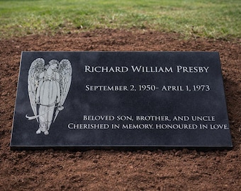 Custom Engraved Black Granite Memorial Stone with Angel: Personalized Grave Flat Marker