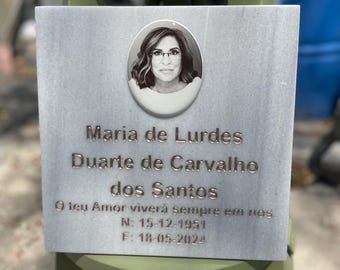 Personalized Photo Memorial Stone: Engraved White Marble Headstone