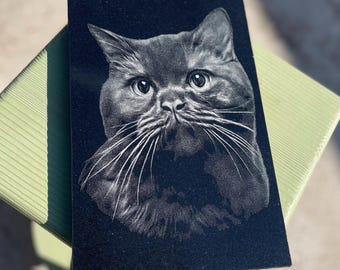 以下が含まれることがあります： 黒い花崗岩のタイルに猫の顔の白黒写真が刻まれています