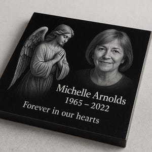Custom Engraved Memorial Stone with Angel – Personalized Black Granite Grave Marker with Portrait, Name & Dates – Human Remembrance Gift