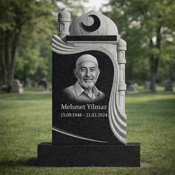 Custom Islamic Granite Headstone | Engraved Portrait, Mosque Design