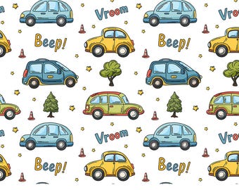 Cute Cars Seamless Pattern Digital Download, Festive Holiday Background, Printable Paper Design, Boys Vehicle Nursery Fabric, Kids Pattern
