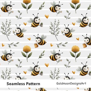 Peut inclure: Motif sans couture avec des abeilles de dessin animé à rayures noires et jaunes, portant des fleurs, des pots de miel et de petites plantes en pot. Le motif comprend des cœurs jaunes, des fleurs et des brins sur fond gris à rayures blanches. Texte : "Motif sans couture".