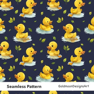 Könnte beinhalten: Nahtloses Muster mit gelben Cartoon-Enten, die auf Wasser schwimmen, mit grünen Blättern auf einem dunkelblauen Hintergrund. Die Enten haben orangefarbene Schnäbel und Füße. Der Text "Seamless Pattern" ist unten zu sehen.