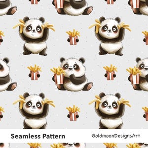 Könnte beinhalten: Nahtloses Muster mit Cartoon-Pandas mit schwarz-weißem Fell, die Pommes halten und essen. Der Hintergrund ist hellgrau mit weißen Punkten. Der Text "Seamless Pattern" und "GoldmoonDesignsArt" befindet sich unten im Bild.