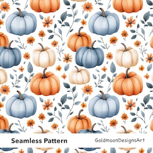 May include: A seamless pattern with watercolour pumpkins in orange, blue, and cream, alongside orange flowers and grey-green leaves on a white backdrop. The words "Seamless Pattern" are at the bottom.