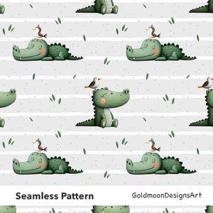 May include: Seamless pattern featuring cartoon alligators in various poses, each with a small bird perched on its head. The alligators are green with a textured appearance, set against a gray background with white stripes and green leaf accents.