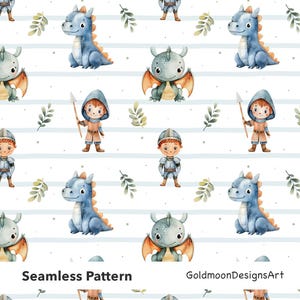 Könnte beinhalten: Nahtloses Muster mit Aquarellillustrationen von Drachen, Rittern und Blättern. Das Design zeigt blaue Drachen mit orangefarbenen Stacheln, Ritter in Rüstungen und ein sich wiederholendes Muster auf weißem Hintergrund mit blauen Streifen. Der Text "Seamless Pattern" ist sichtbar.