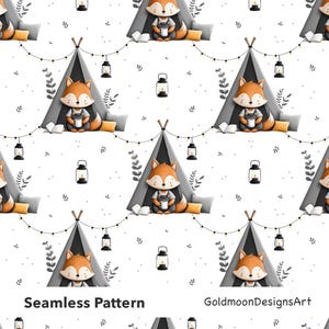 May include: Seamless pattern featuring a repeating design of a cartoon fox in overalls sitting in front of a gray tent. The design includes string lights, lanterns, and small pillows on a white background. The text "Seamless Pattern" and "GoldmoonDesignsArt" are at the bottom.