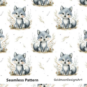 May include: A seamless pattern featuring adorable cartoon wolves in shades of gray and white, sitting amidst stylized grass and flowers. The design includes the text "Seamless Pattern" and "GoldmoonDesignsArt".