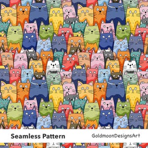 May include: A colorful seamless pattern featuring a multitude of cartoon cats in various colors, including orange, blue, green, and pink. The cats have expressive faces and are densely packed together. The text "Seamless Pattern" is at the bottom.