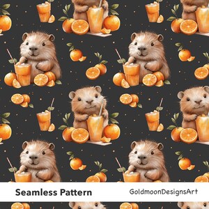 Könnte beinhalten: Nahtloses Muster mit einem Cartoon-Nager, der Orangensaft trinkt, umgeben von Orangen und Scheiben. Der Hintergrund ist dunkelgrau mit weißen Punkten. Der Text "Seamless Pattern" und "GoldmoonDesignsArt" befindet sich unten.
