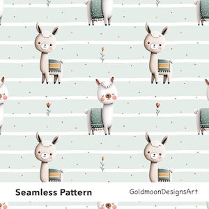 Op de afbeelding: Naadloos patroon met cartoon lama's met dekens, tegen een achtergrond van lichtgroene strepen en gestippelde accenten. De lama's zijn wit met bruine accenten en de dekens zijn teal met gele en oranje details. De tekst "Seamless Pattern" en "GoldmoonDesignsArt" staat onderaan.