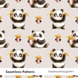May include: Seamless pattern featuring cartoon pandas with black and white fur, holding and eating french fries. The pandas are set against a light beige background with small white dots. The text "Seamless Pattern" is at the bottom.