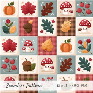 May include: A seamless pattern featuring a grid of autumn-themed illustrations including pumpkins, red maple leaves, brown oak leaves, smiling mushrooms, acorns, and red berries on various backgrounds. Text at the bottom reads Seamless Pattern 12 x 12 in JPG PNG.