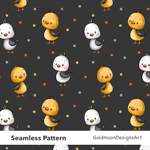 Può includere: Motivo senza cuciture con pulcini cartoon gialli e bianchi con dettagli neri, su sfondo grigio scuro punteggiato da cerchi arancioni, gialli e grigi. Il testo "Seamless Pattern" e "GoldmoonDesignsArt" è in basso.