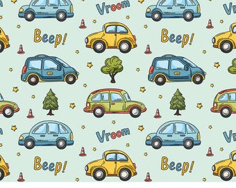 Cute Cars Seamless Pattern Digital Download, Festive Holiday Background, Printable Paper Design, Boys Vehicle Nursery Fabric, Kids Pattern