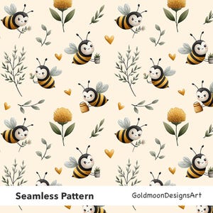 Puede incluir: Patrón sin costuras con abejas de dibujos animados a rayas negras y amarillas, sosteniendo flores, tarros de miel y pequeñas plantas en macetas. El diseño incluye corazones amarillos, flores y hojas verdes sobre un fondo crema. Texto "Seamless Pattern" y "GoldmoonDesignsArt".
