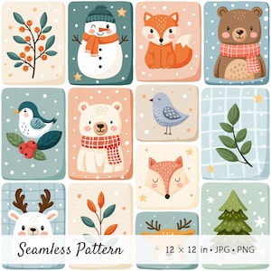 May include: A digital seamless pattern featuring twelve rectangular tiles with winter illustrations including a snowman, fox, bear, polar bear, deer, birds, pine tree, and foliage. The text reads Seamless Pattern 12 x 12 in JPG PNG.