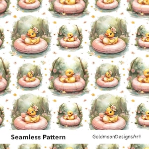 Può includere: Motivo senza cuciture con anatroccoli gialli con fasce floreali, che si rilassano su anelli gonfiabili rosa e tengono in mano delle bevande. Lo sfondo include una scena di foresta ad acquerello. Il testo "Seamless Pattern" e "GoldmoonDesignsArt" è in basso.