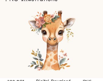 Clipart babygiraf, bloemenkroon, kinderkamerkunst (digitale download)