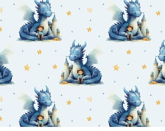 Puede incluir: Patrón sin costuras con dragones azules de acuarela, un niño y un castillo sobre un fondo azul claro con estrellas doradas. El texto "Seamless Pattern" y "GoldmoonDesignsArt" están en la parte inferior.