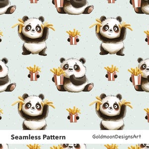 May include: Seamless pattern featuring cartoon pandas with black and white fur, holding and eating french fries. The pandas are set against a light blue background with small white dots. The text "Seamless Pattern" and "GoldmoonDesignsArt" are at the bottom.