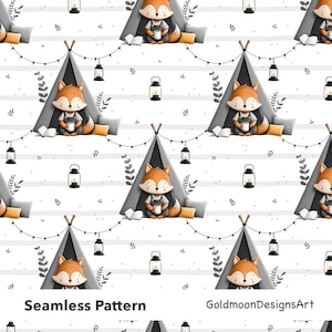 Puede incluir: Patrón sin costuras con zorros de dibujos animados con monos, sentados en tipis grises con almohadas y libros. El diseño incluye luces de cadena, linternas y follaje sobre un fondo blanco con rayas grises. Texto: "Seamless Pattern" y "GoldmoonDesignsArt".
