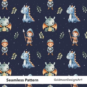 Könnte beinhalten: Nahtloses Muster mit Aquarellillustrationen von blauen Drachen, Rittern und Kapuzenfiguren, mit Blättern und weißen Punkten auf dunkelblauem Hintergrund. Der Text "Seamless Pattern" befindet sich unten.