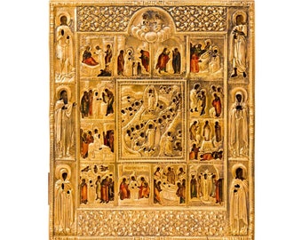 Russian icon with gilded silver-oklad, Moscow School. 19th Century.